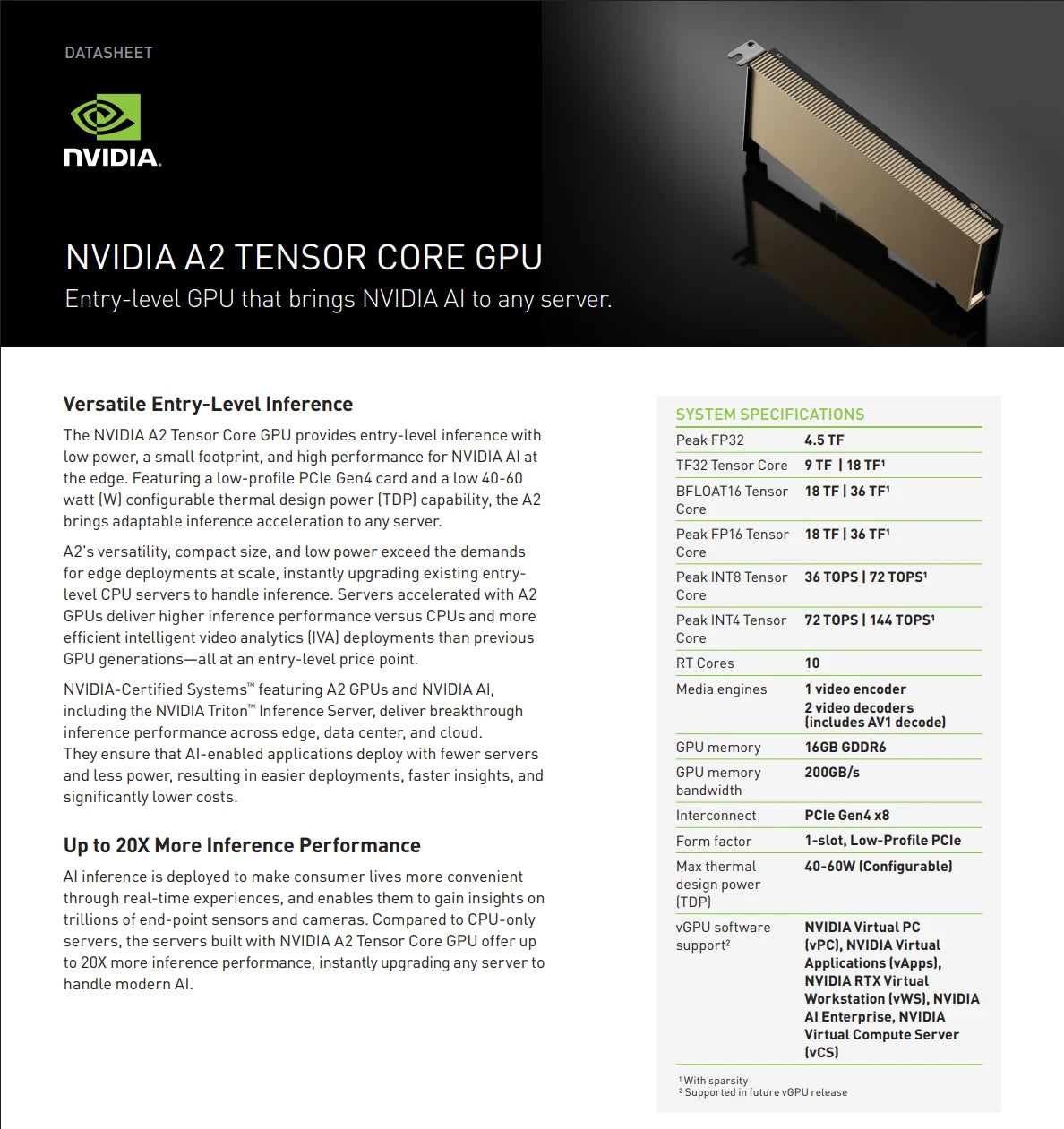 NVIDIA Tesla A2 16GB GDDR6 AI Deep Learning GPU