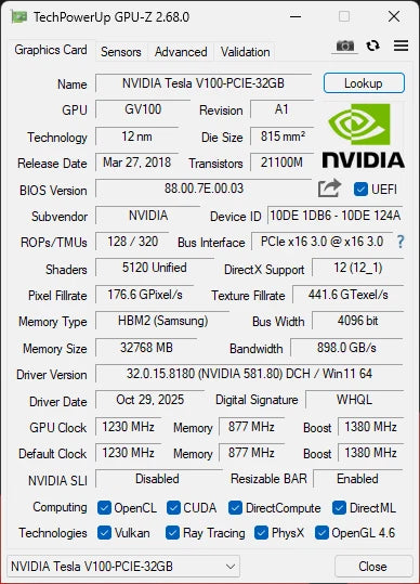 NVIDIA Tesla V100 32GB PCIE GPU AI Original 900-2G500-0110-030