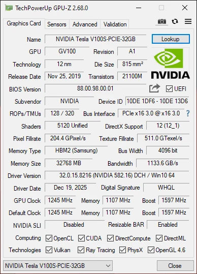 NVIDIA Tesla V100S 32GB PCIE GPU AI 900-2G500-0040-000