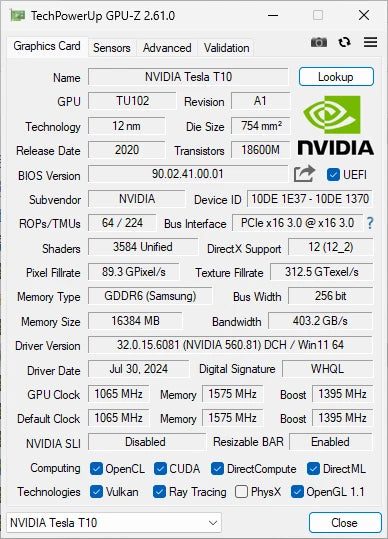 NVIDIA Tesla T10 16GB GPU GDDR6 - 699-2G150-0215-505 K AI LLM GPU